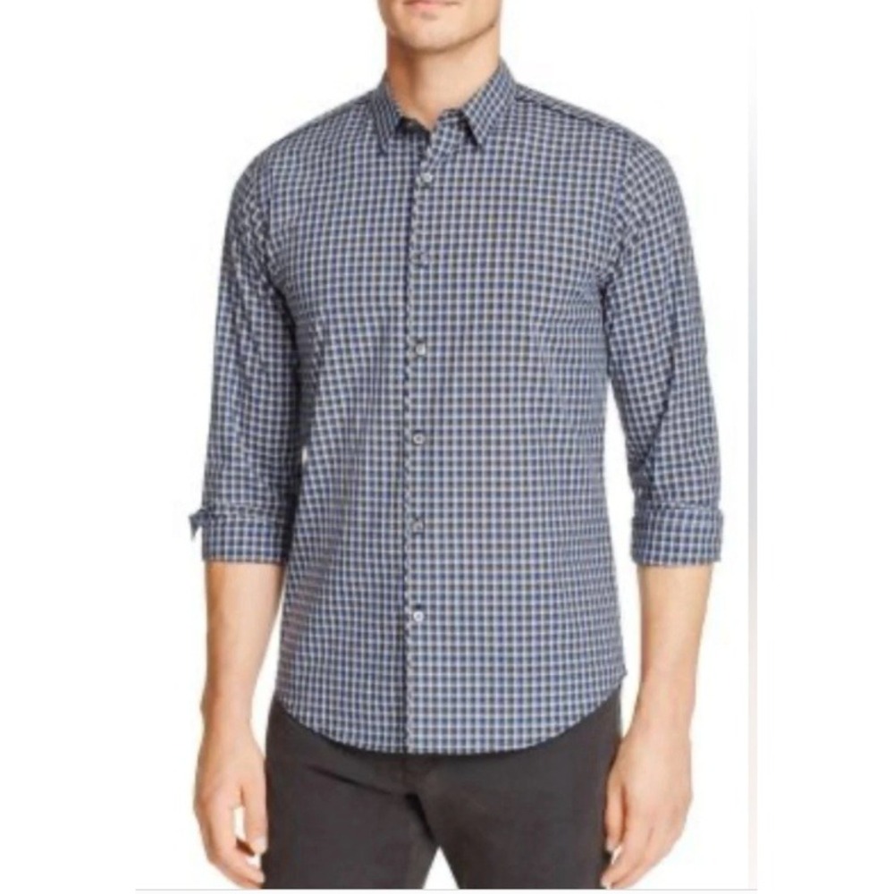 Theory Mens Irving Betton Check Plaid Button Down Shirt Navy White Cotton Size M